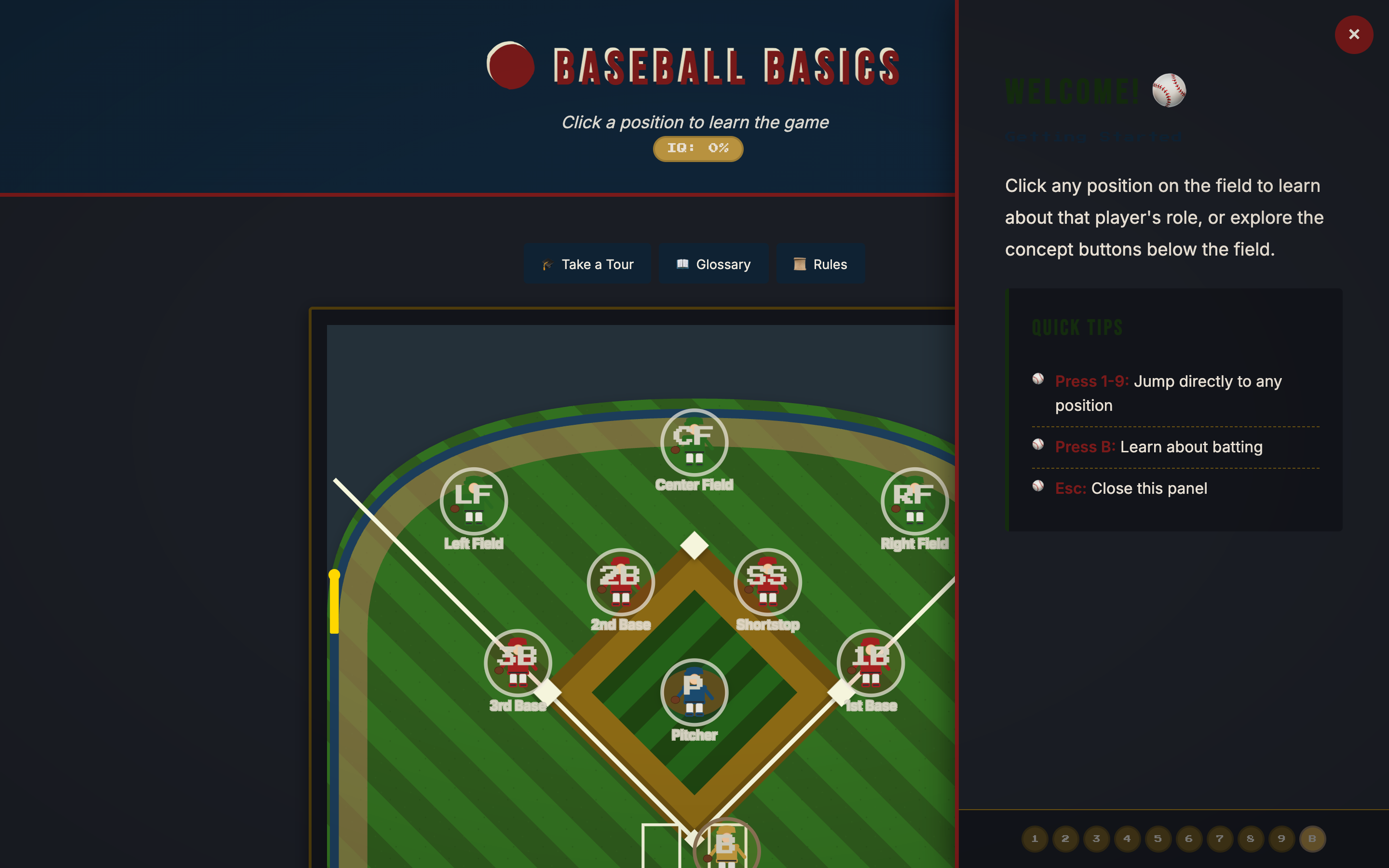 Interactive baseball field with color-coded position markers and info panel