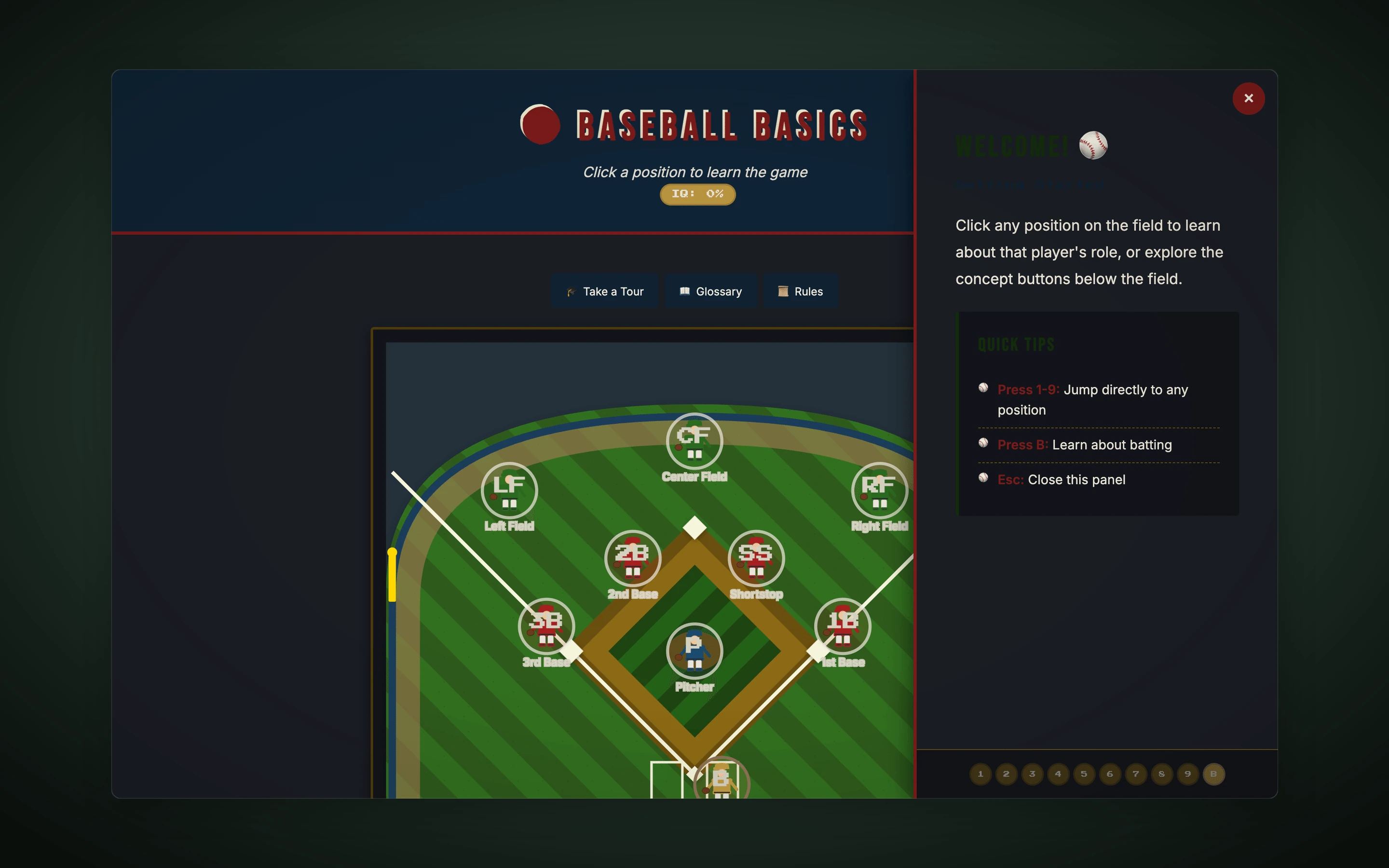 Interactive baseball field with color-coded position markers and info panel