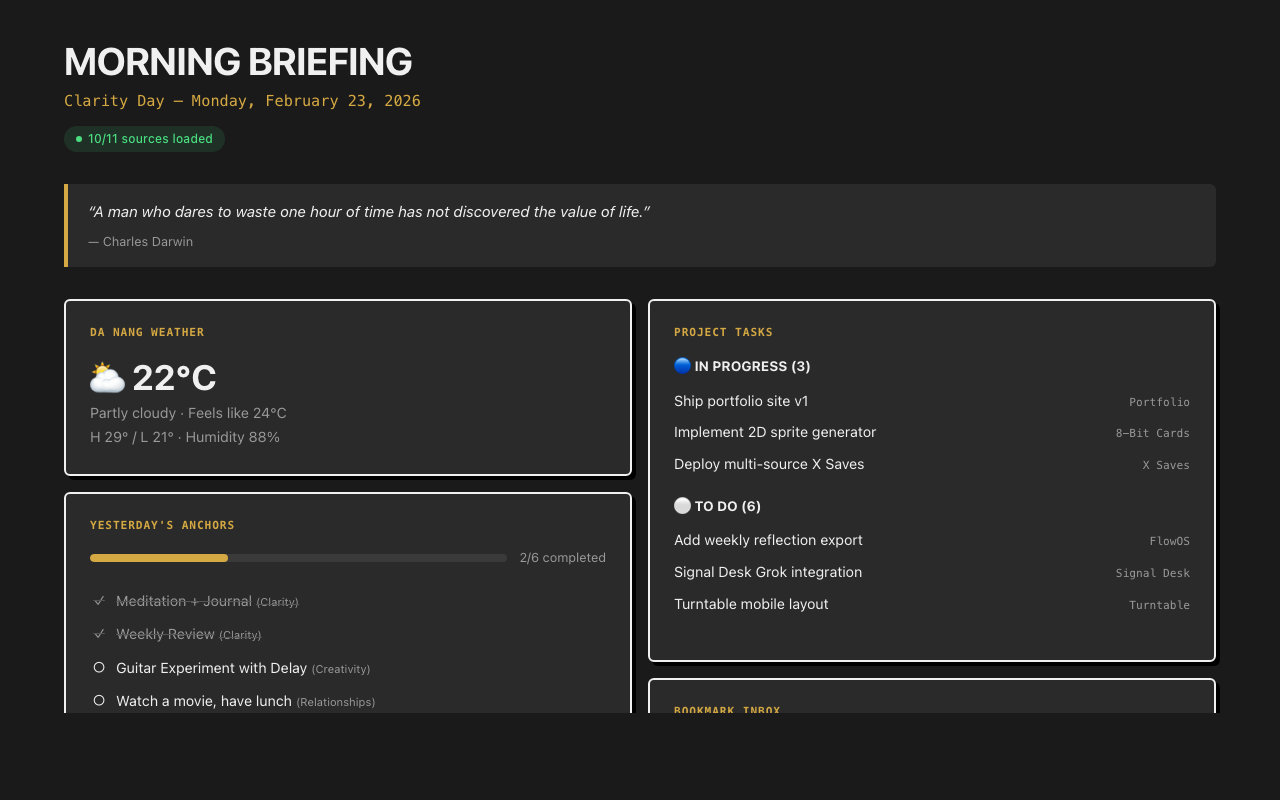 Morning Briefing email showing weather, anchors, baseball scores, and music