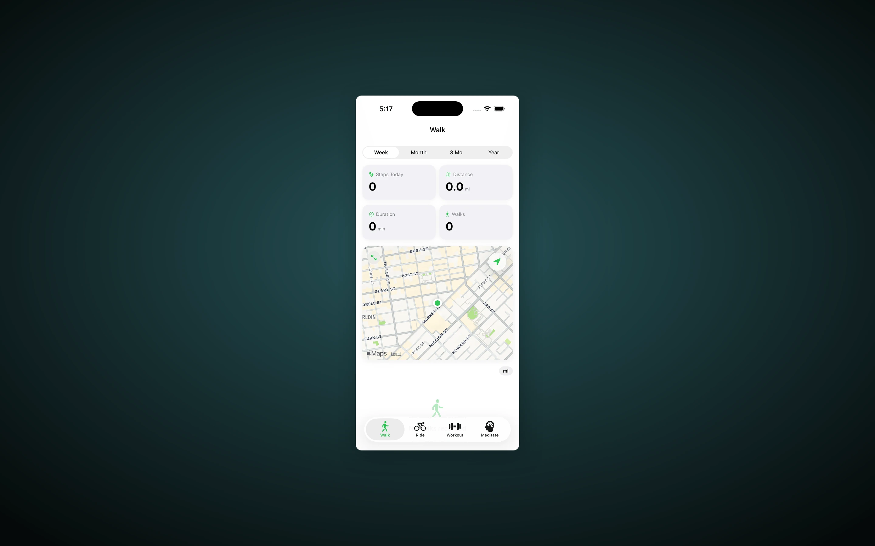 Change Your Day on iOS — the Walk tab with empty stats, a MapKit overlay, and the four-tab bottom bar