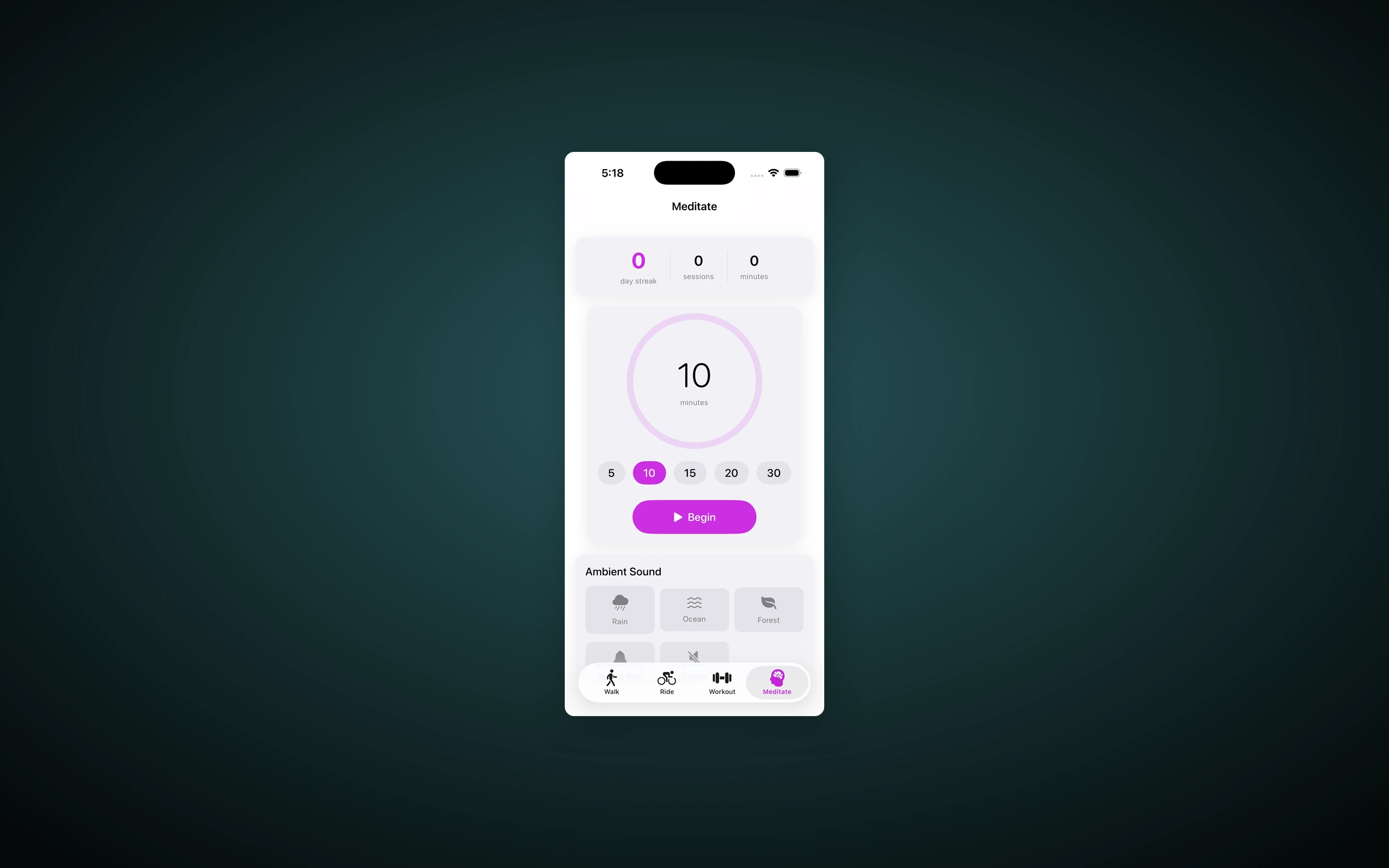 Change Your Day Meditate tab — a large 10-minute countdown circle, a streak/session/minute counter, and an ambient-sound picker with Rain, Ocean, and Forest