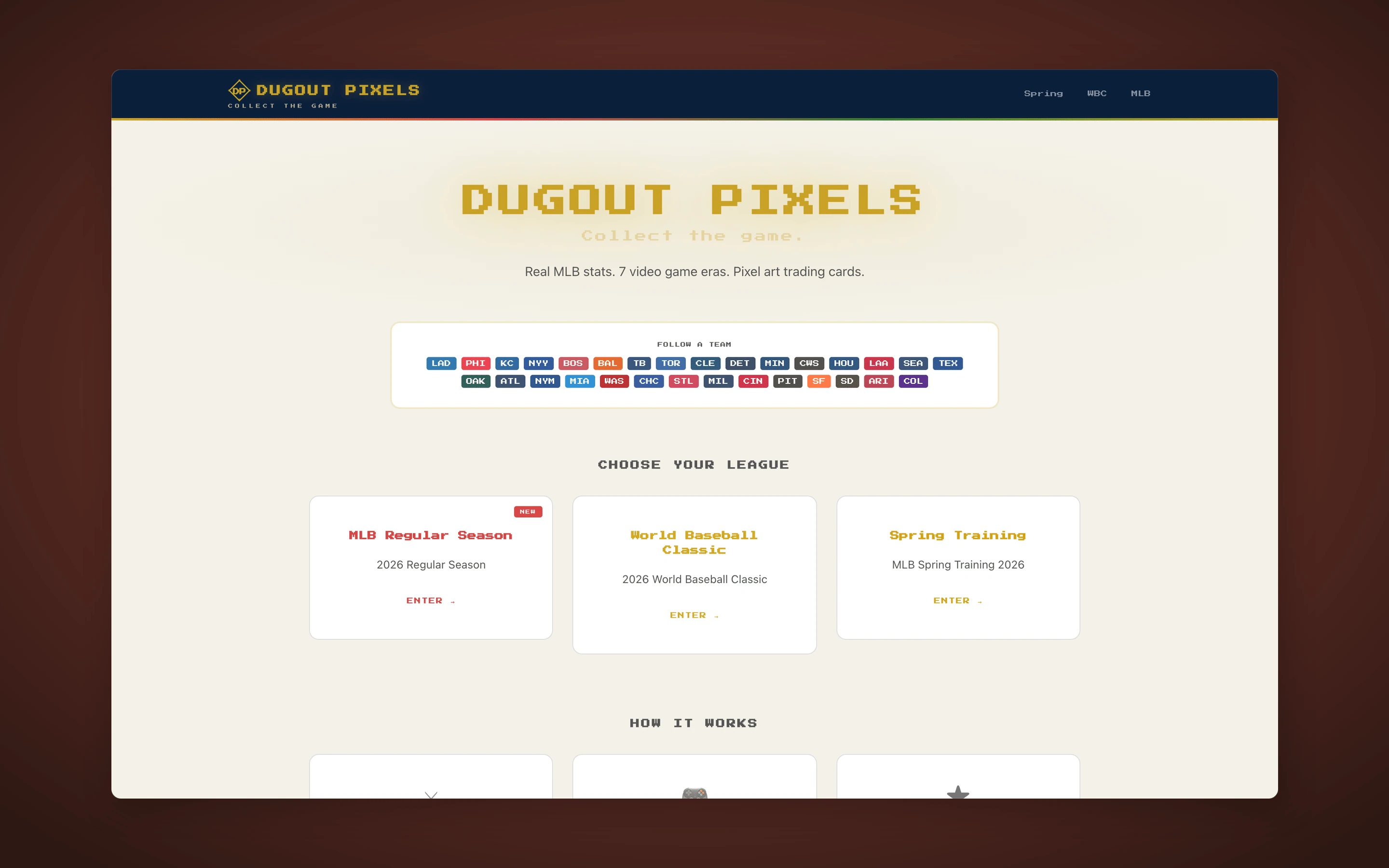 Dugout Pixels Spring Training page with featured teams and 8-bit edition badge