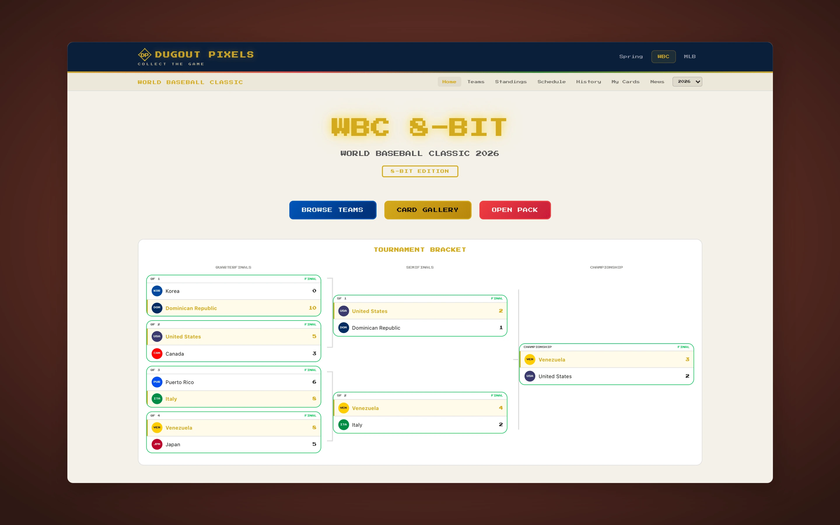 Dugout Pixels front page with league selector — Spring Training, WBC, and MLB