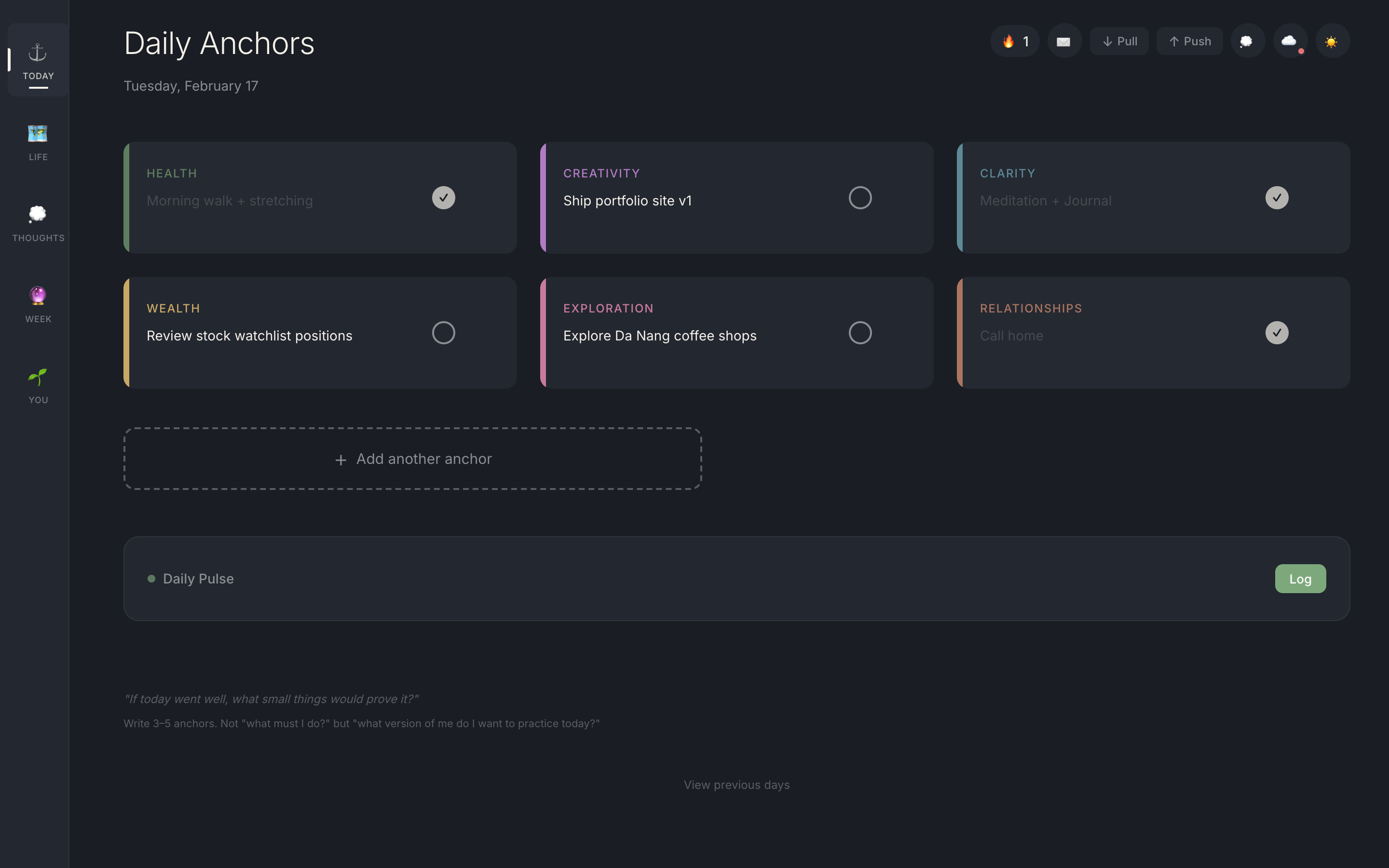 FlowOS daily anchor view showing six domain columns