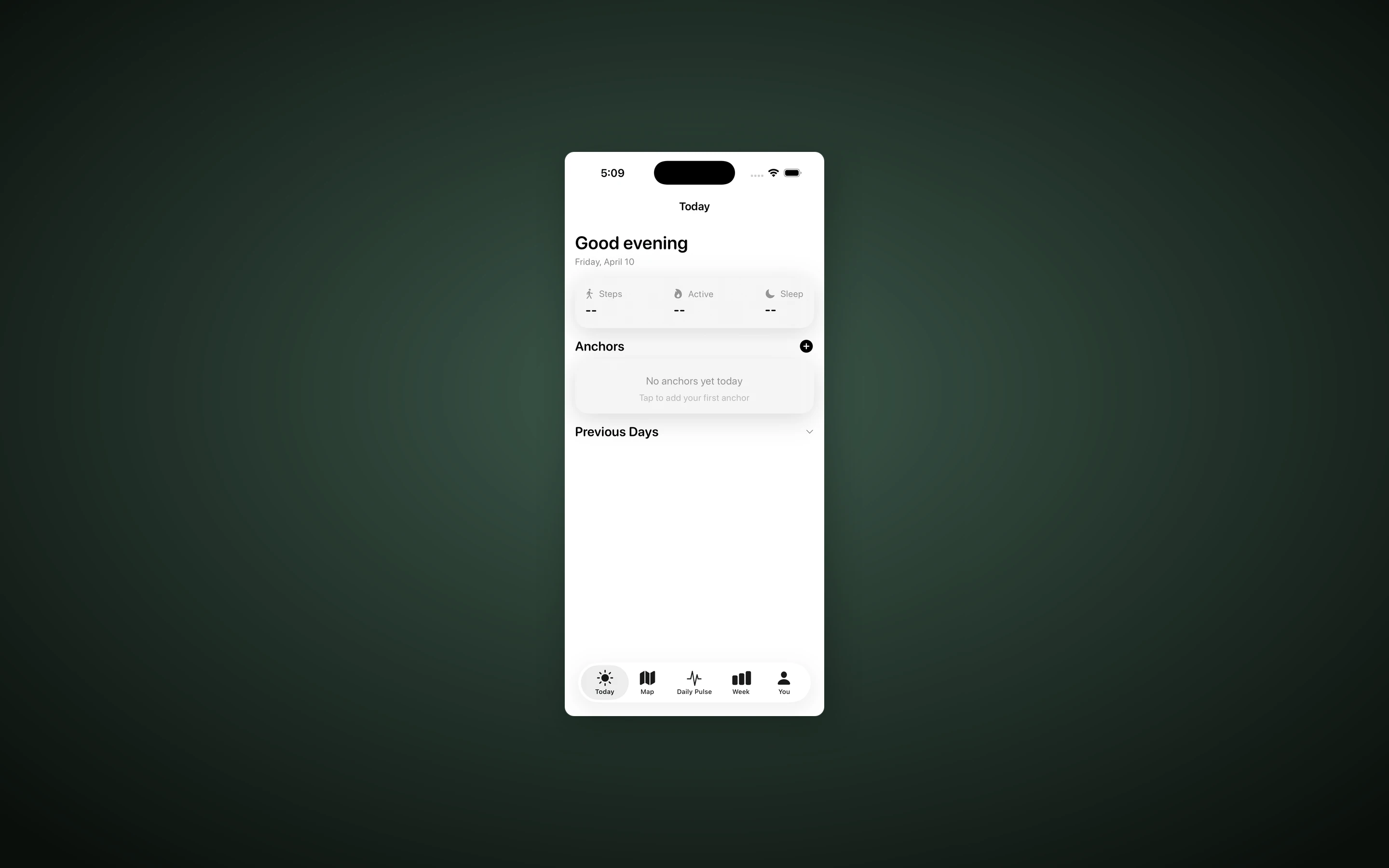 FlowOS on iOS — Today view with the anchors section, Steps/Active/Sleep stats row, and the bottom tab bar