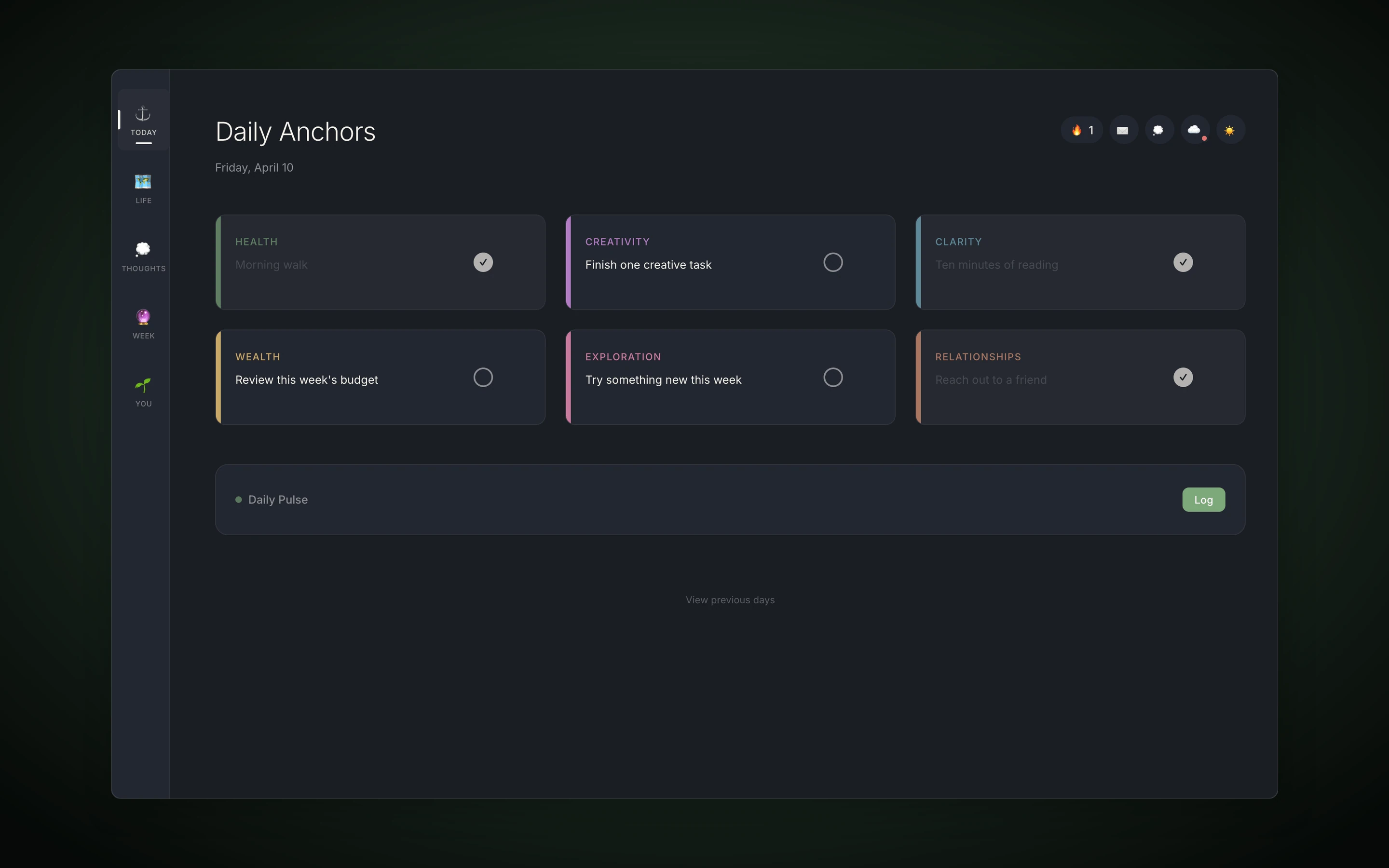 FlowOS Web daily anchor view rendered with vanilla JavaScript