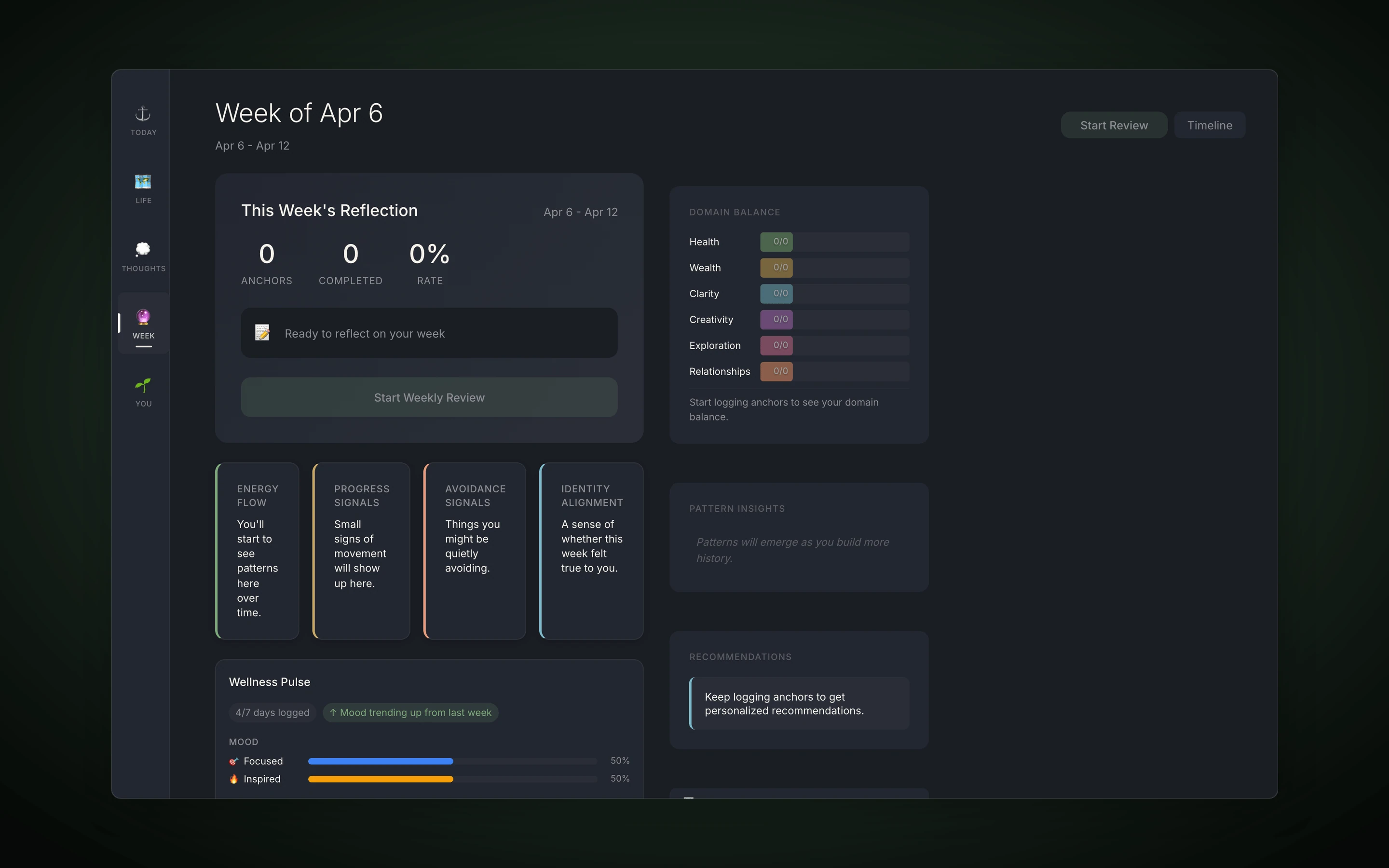 FlowOS Web weekly review with domain balance