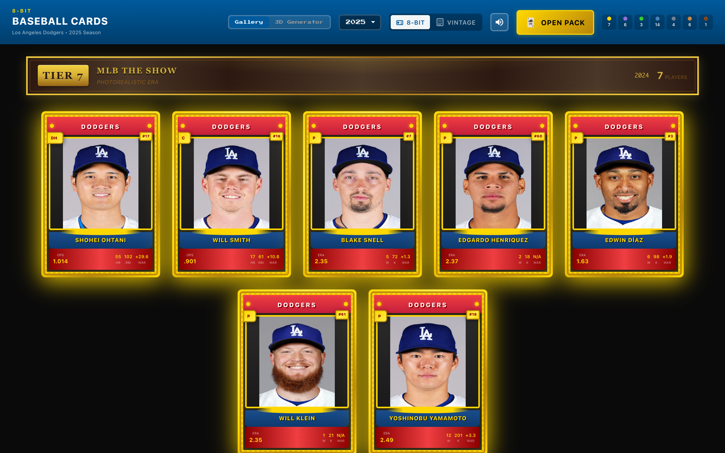Grid of Dodgers player cards at various pixel art tiers