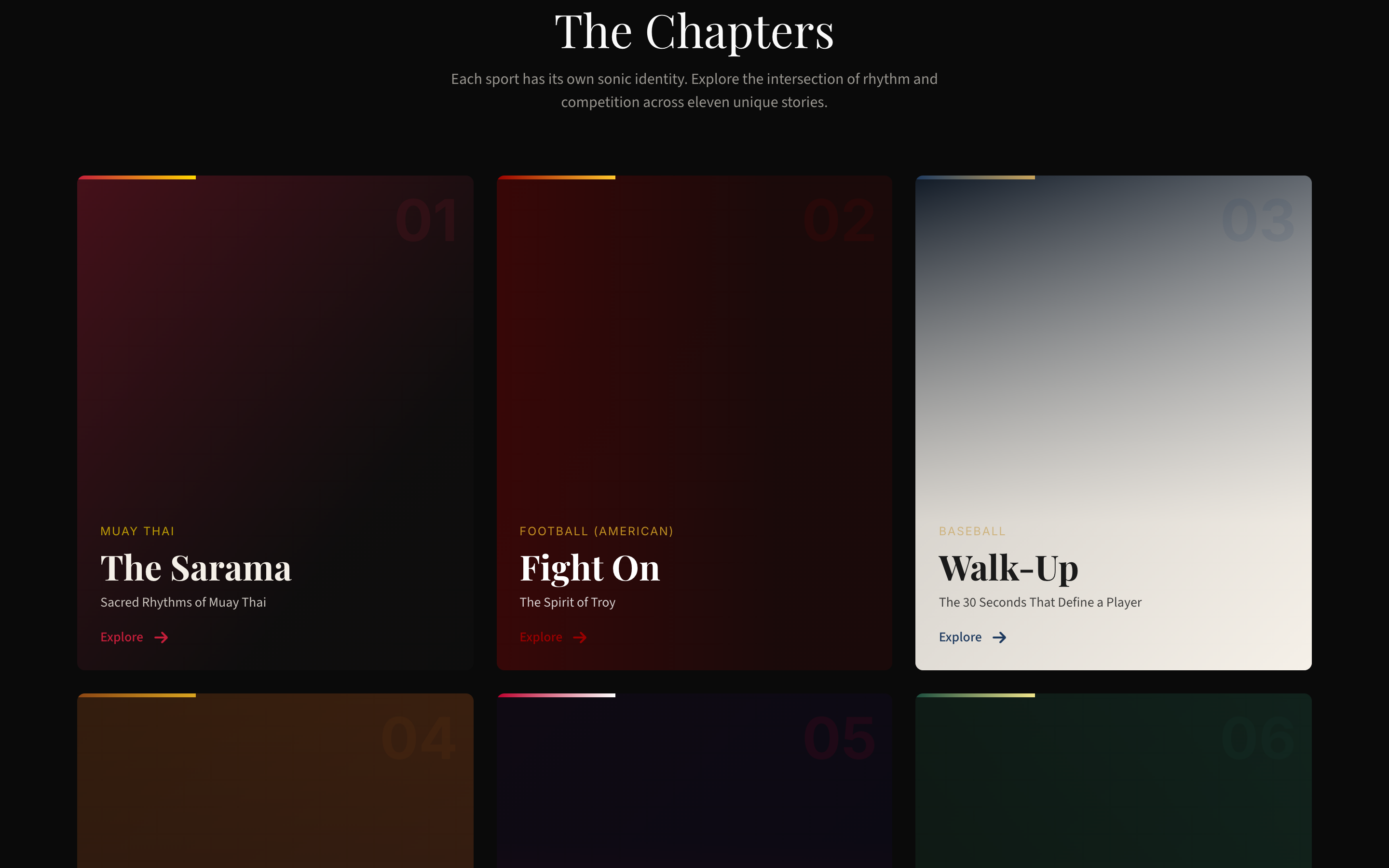 Chapter grid showing distinct visual themes per sport