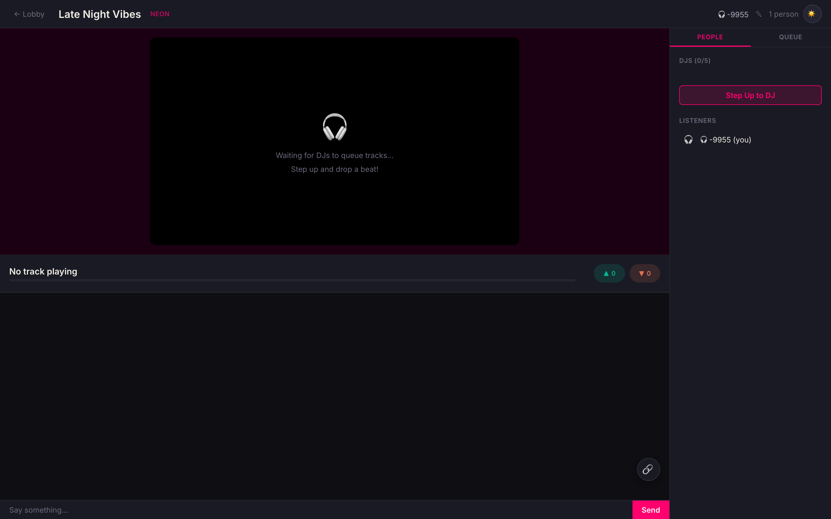 Turntable room interface with track queue and listener avatars