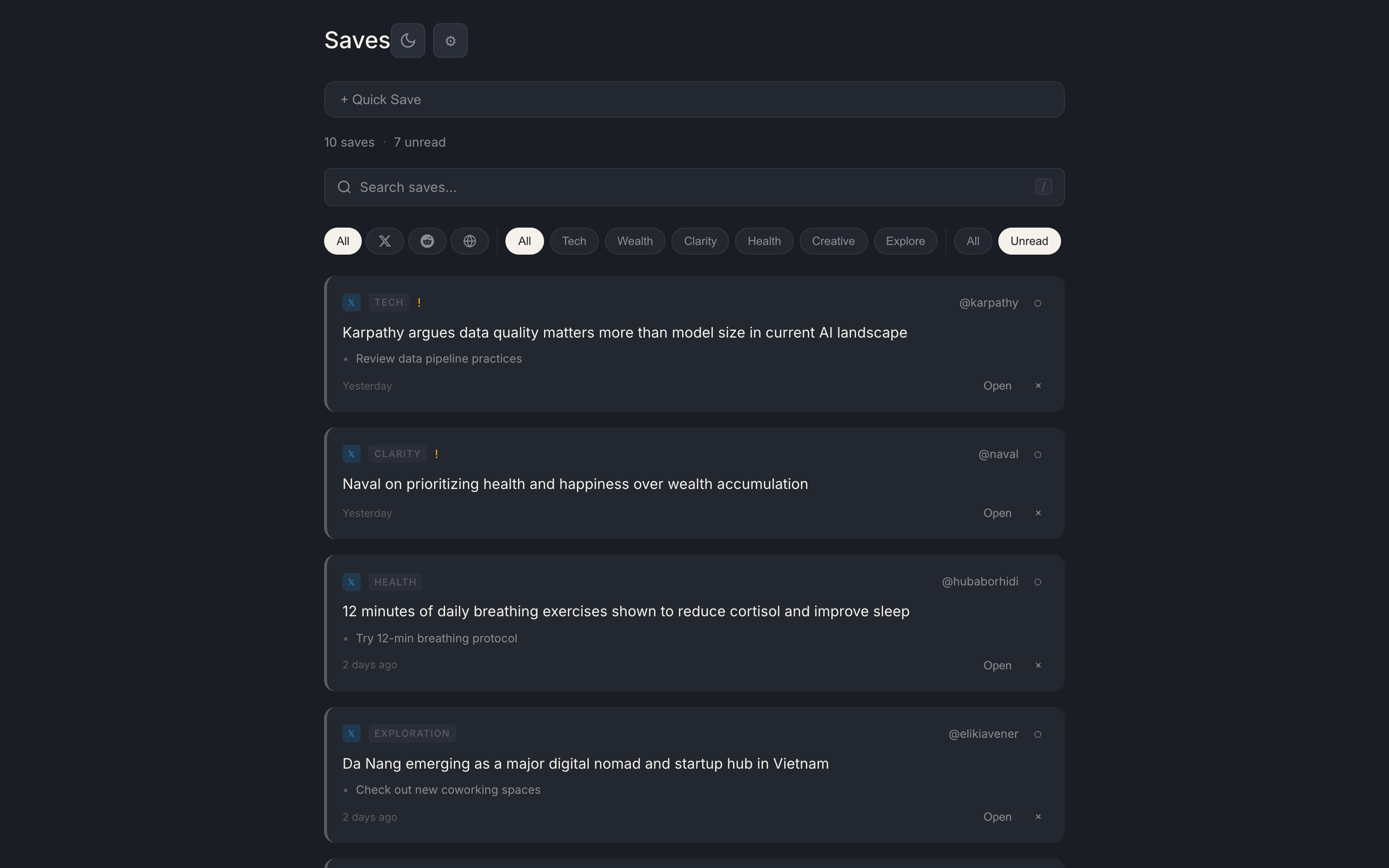 X Saves review mode with fullscreen bookmark card