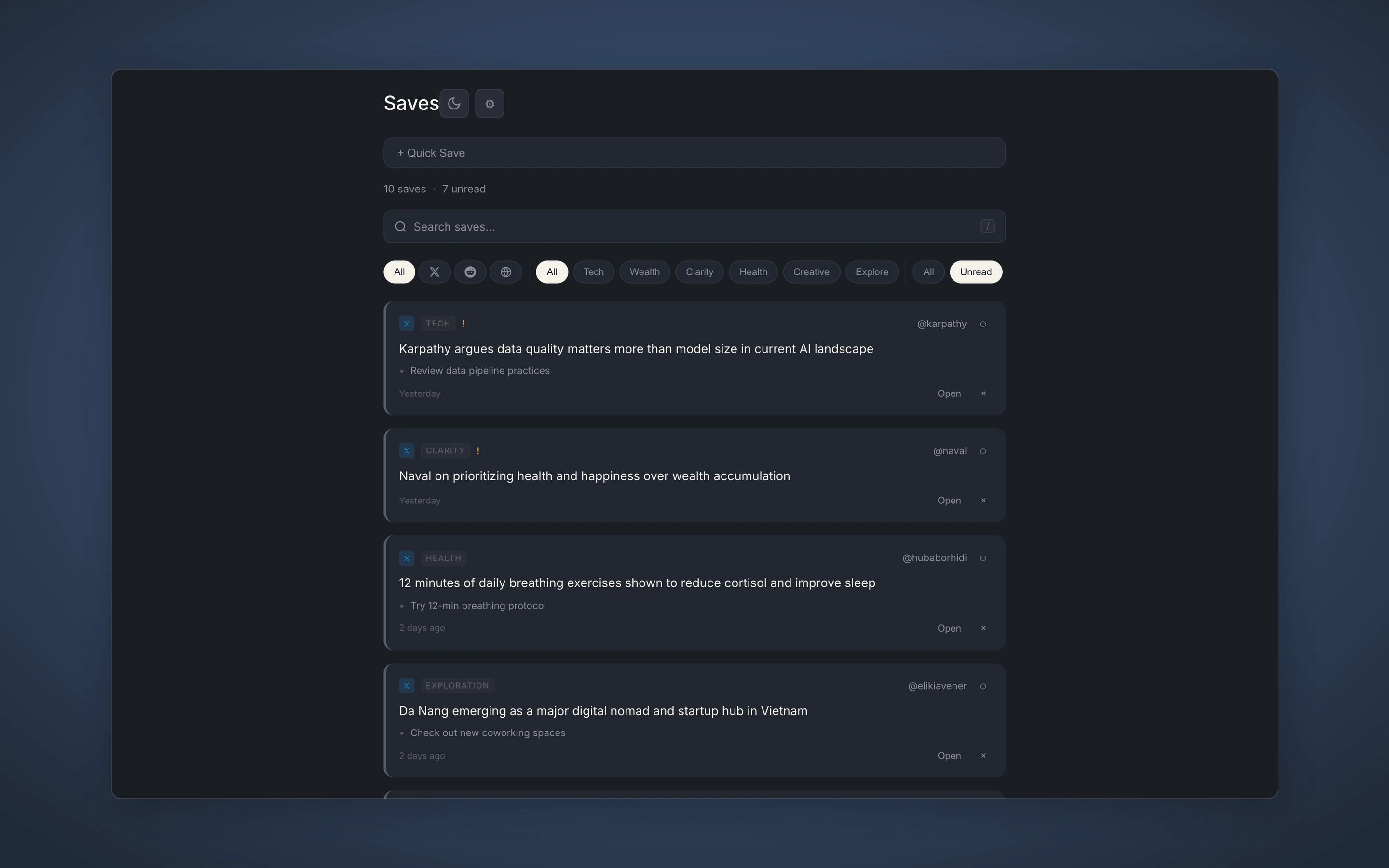 X Saves review mode with fullscreen bookmark card